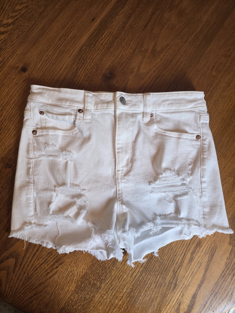 American Eagle Stretch Hi-Rise Shortie Shorts Women's Size 10 White Distressed